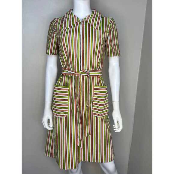 Vintage 1970s Striped Mod Dress, Large Collar, Handmade, S/M, Double Knit Zip Up - Picture 6 of 7